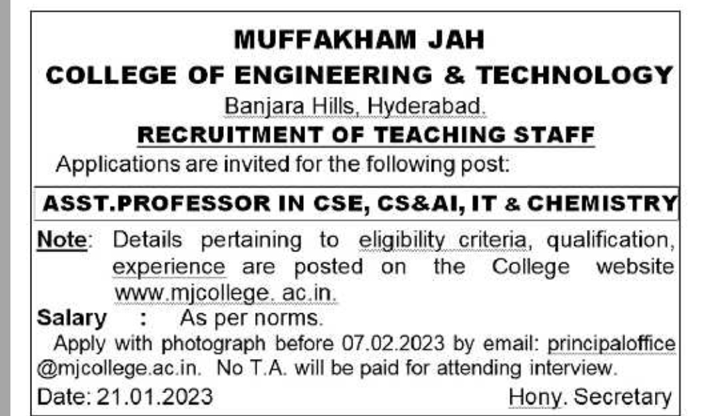 Eenadu (dated : 23-01-2023) - Recruitment of Assistant Professor