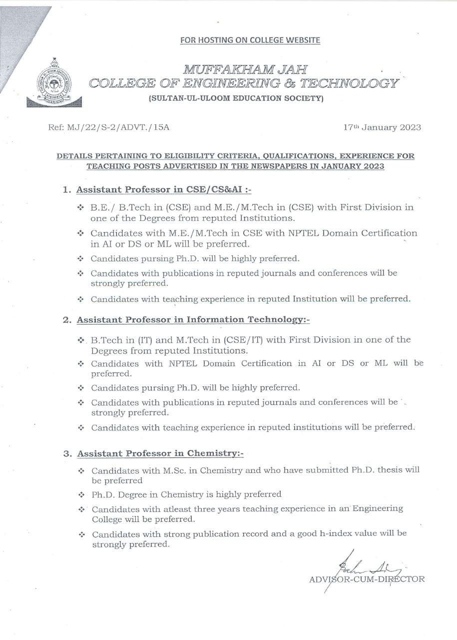 Eligibility criteria details for Assistant Professor