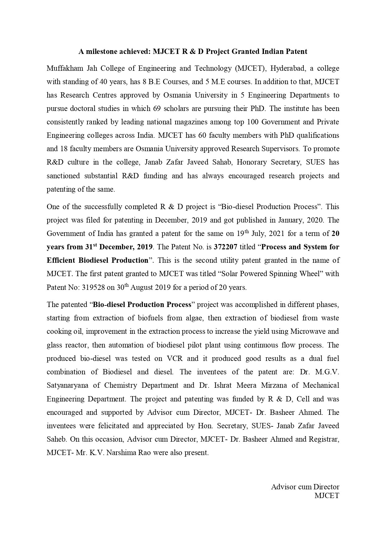 Process & System for Efficient Biodiesel Production Patent